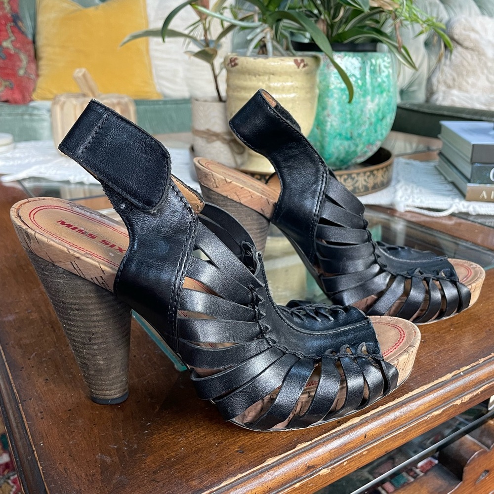 Miss Sixty black leather caged 4.5” cork cone-shaped heels, size 9, orig. $158-